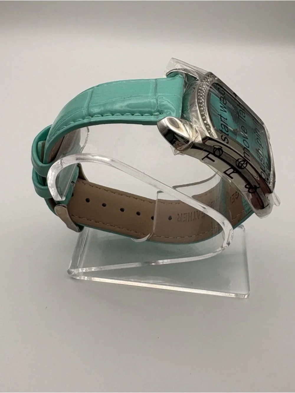 NWT Burgi Aqua Rhinestone Dial Faux‎ Crocodile Band Women's Watch